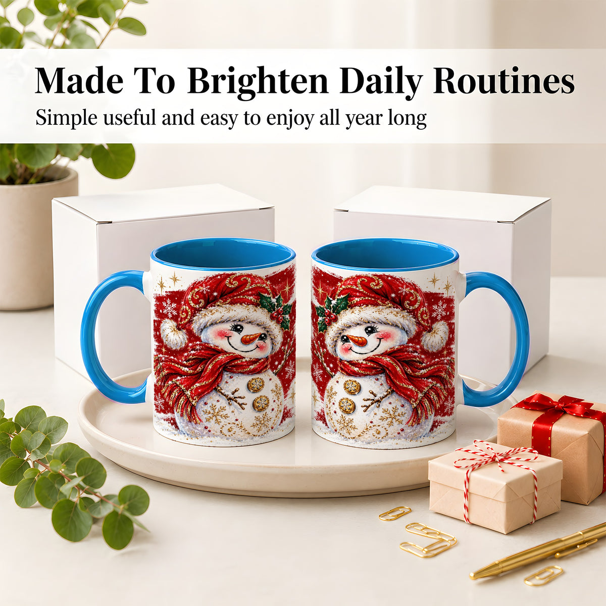#pl[11oz|Blue] Red Christmas Snowman Ceramic Mug, Mug with Festive Artwork
