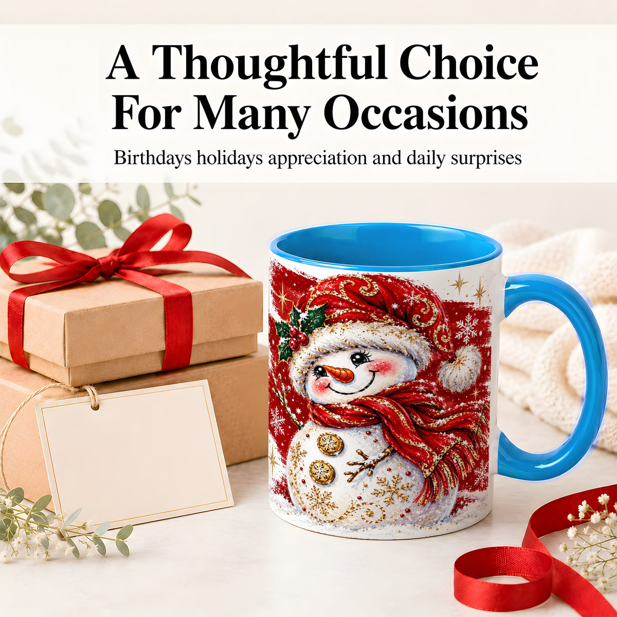 #pl[11oz|Blue] Red Christmas Snowman Ceramic Mug, Mug with Festive Artwork