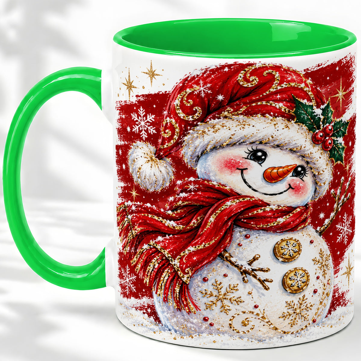 #pl[11oz|Green] Red Christmas Snowman Ceramic Mug, Mug with Festive Artwork
