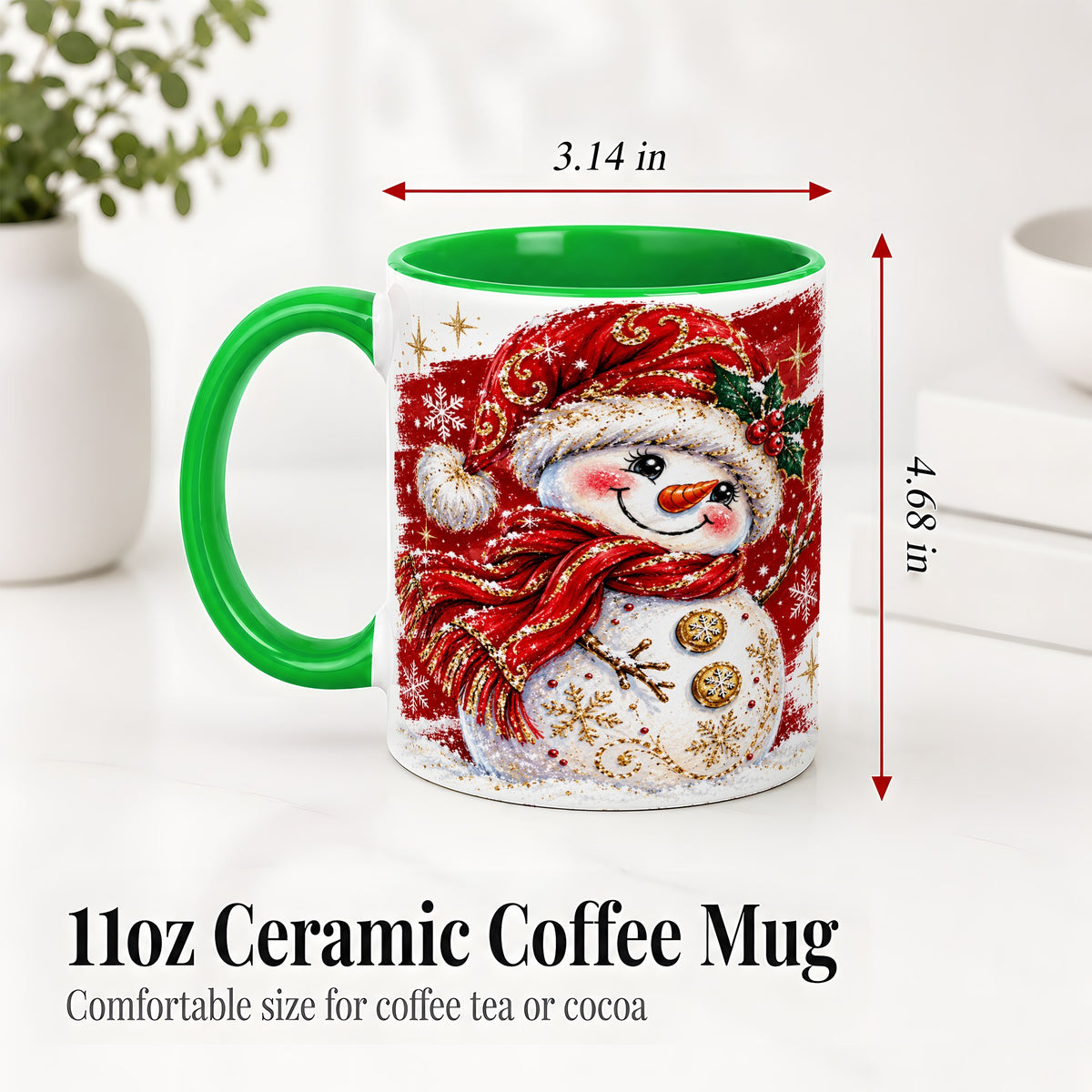 #pl[11oz|Green] Red Christmas Snowman Ceramic Mug, Mug with Festive Artwork