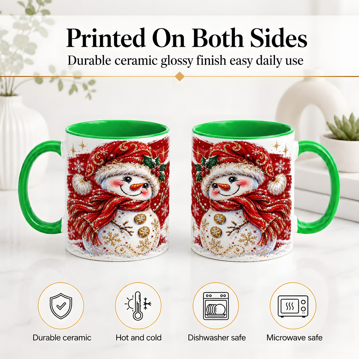 #pl[11oz|Green] Red Christmas Snowman Ceramic Mug, Mug with Festive Artwork