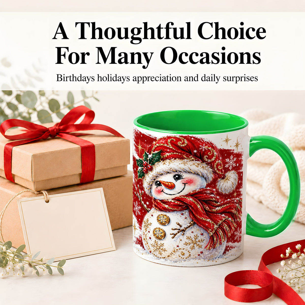 #pl[11oz|Green] Red Christmas Snowman Ceramic Mug, Mug with Festive Artwork