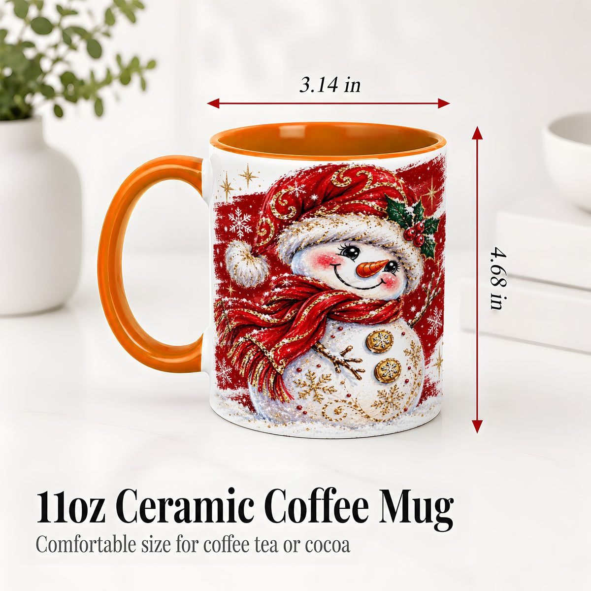 #pl[11oz|Orange] Red Christmas Snowman Ceramic Mug, Mug with Festive Artwork
