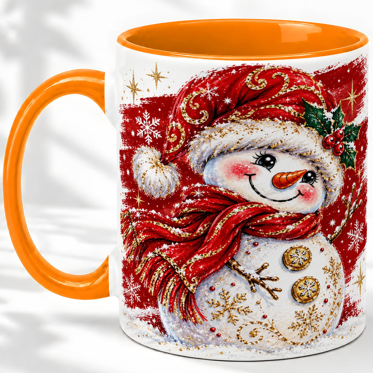 #pl[11oz|Orange] Red Christmas Snowman Ceramic Mug, Mug with Festive Artwork