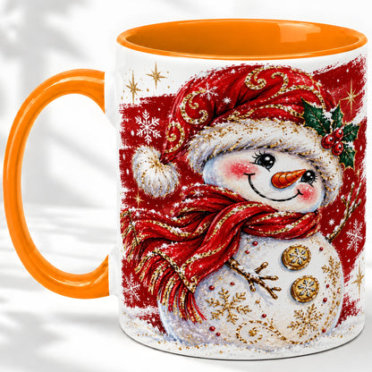 #pl[11oz|Orange] Red Christmas Snowman Ceramic Mug, Mug with Festive Artwork