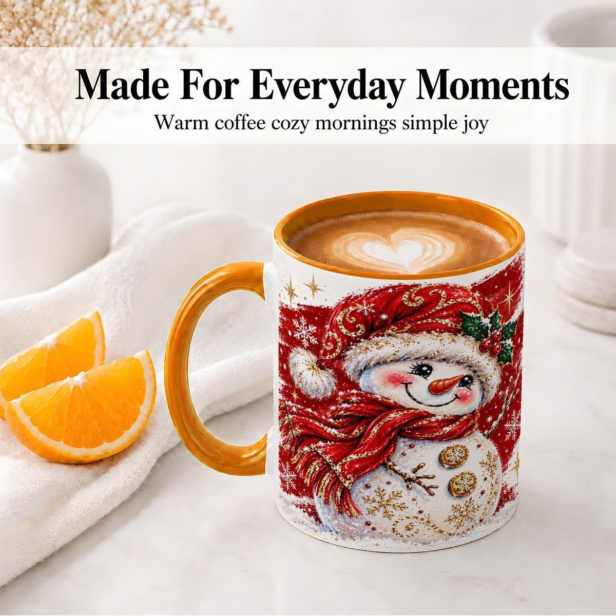 #pl[11oz|Orange] Red Christmas Snowman Ceramic Mug, Mug with Festive Artwork