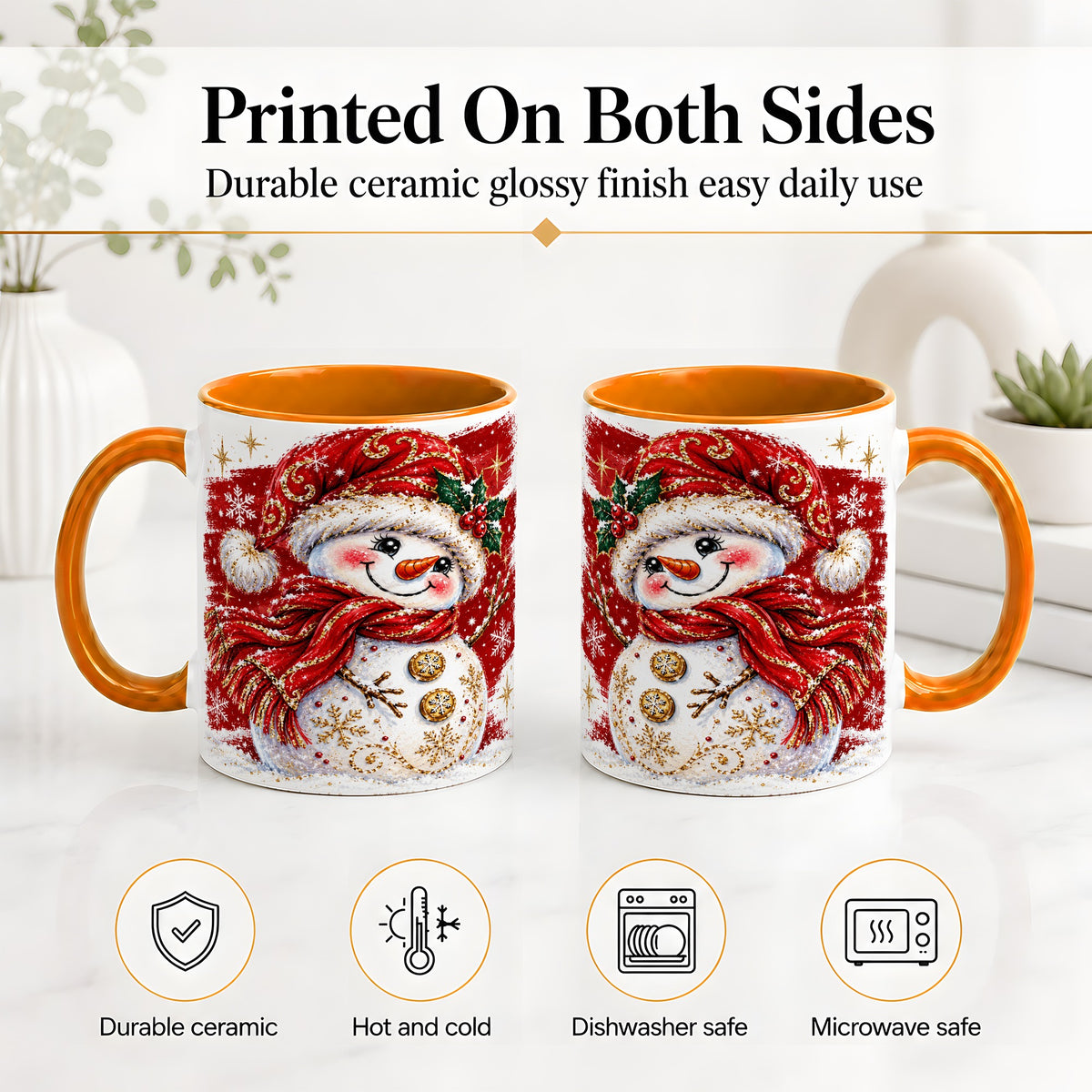 #pl[11oz|Orange] Red Christmas Snowman Ceramic Mug, Mug with Festive Artwork