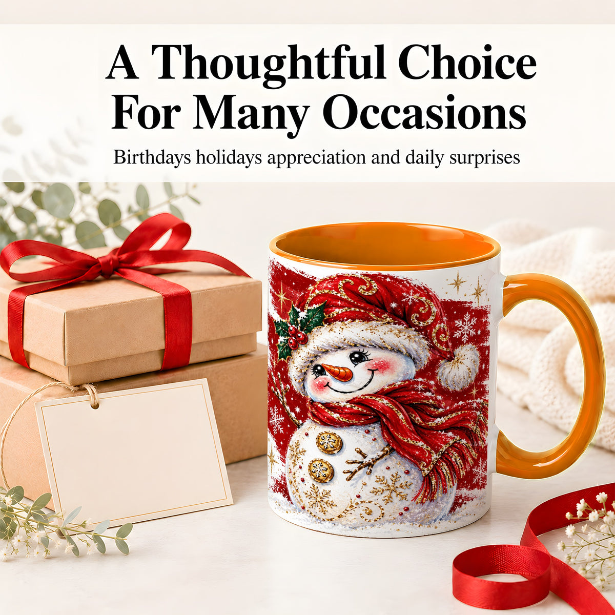 #pl[11oz|Orange] Red Christmas Snowman Ceramic Mug, Mug with Festive Artwork