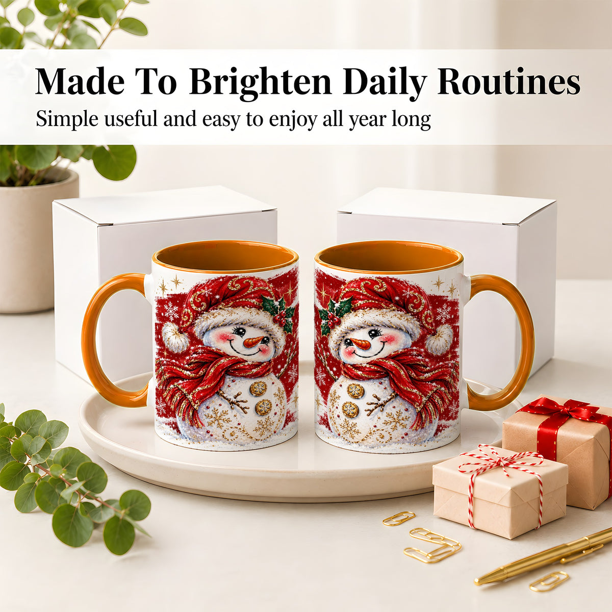 #pl[11oz|Orange] Red Christmas Snowman Ceramic Mug, Mug with Festive Artwork