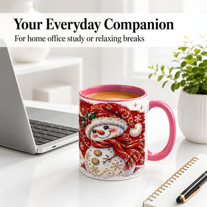 #pl[11oz|Pink] Red Christmas Snowman Ceramic Mug, Mug with Festive Artwork