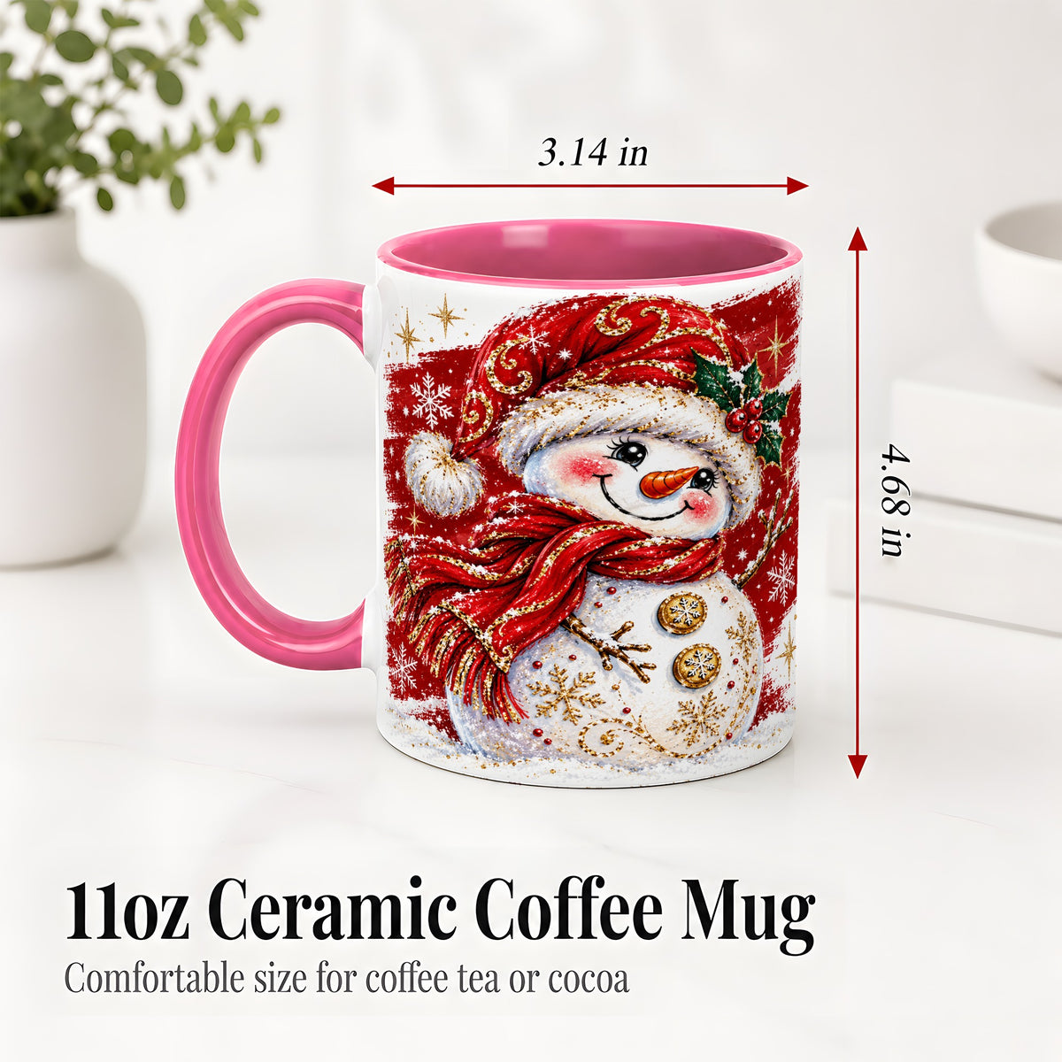 #pl[11oz|Pink] Red Christmas Snowman Ceramic Mug, Mug with Festive Artwork