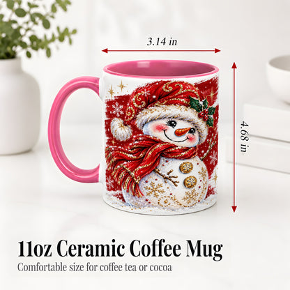 #pl[11oz|Pink] Red Christmas Snowman Ceramic Mug, Mug with Festive Artwork