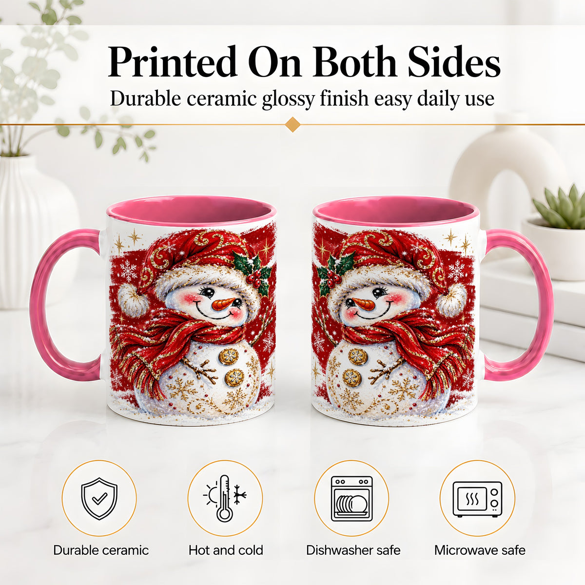 #pl[11oz|Pink] Red Christmas Snowman Ceramic Mug, Mug with Festive Artwork