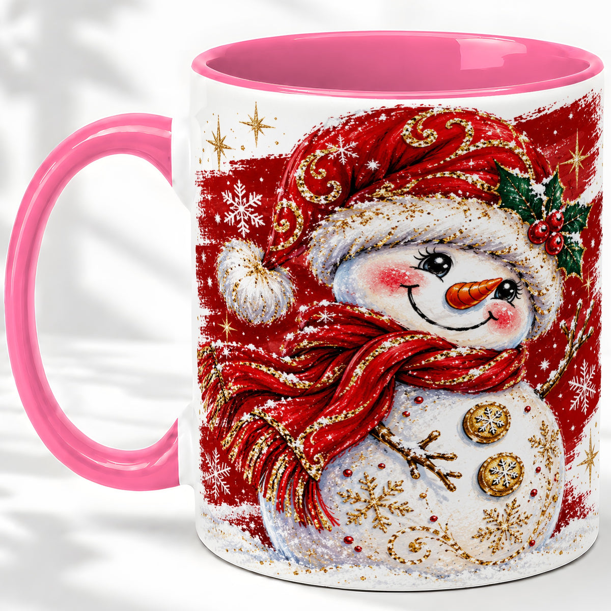 #pl[11oz|Pink] Red Christmas Snowman Ceramic Mug, Mug with Festive Artwork