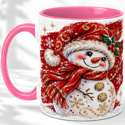 #pl[11oz|Pink] Red Christmas Snowman Ceramic Mug, Mug with Festive Artwork