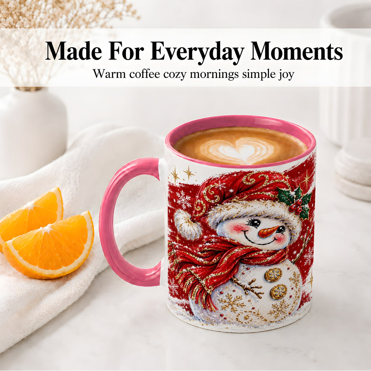 #pl[11oz|Pink] Red Christmas Snowman Ceramic Mug, Mug with Festive Artwork