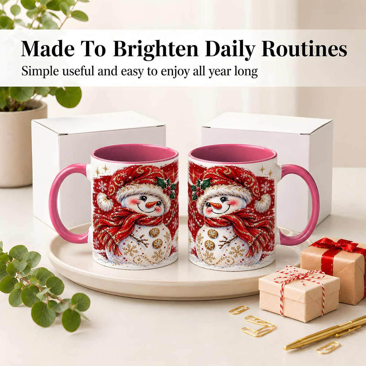 #pl[11oz|Pink] Red Christmas Snowman Ceramic Mug, Mug with Festive Artwork