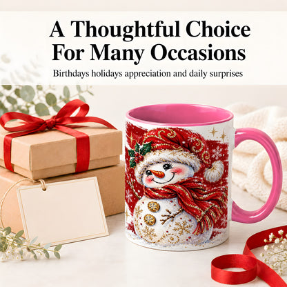 #pl[11oz|Pink] Red Christmas Snowman Ceramic Mug, Mug with Festive Artwork