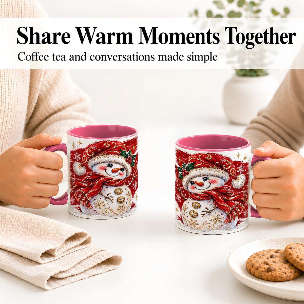 #pl[11oz|Pink] Red Christmas Snowman Ceramic Mug, Mug with Festive Artwork