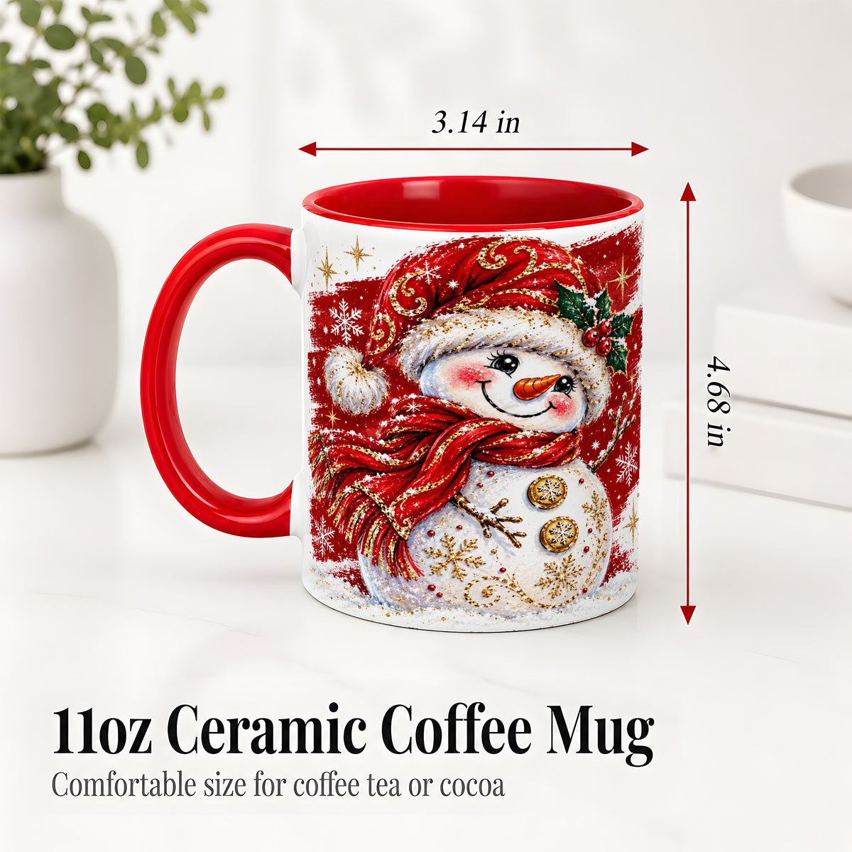 #pl[11oz|Red] Red Christmas Snowman Ceramic Mug, Mug with Festive Artwork