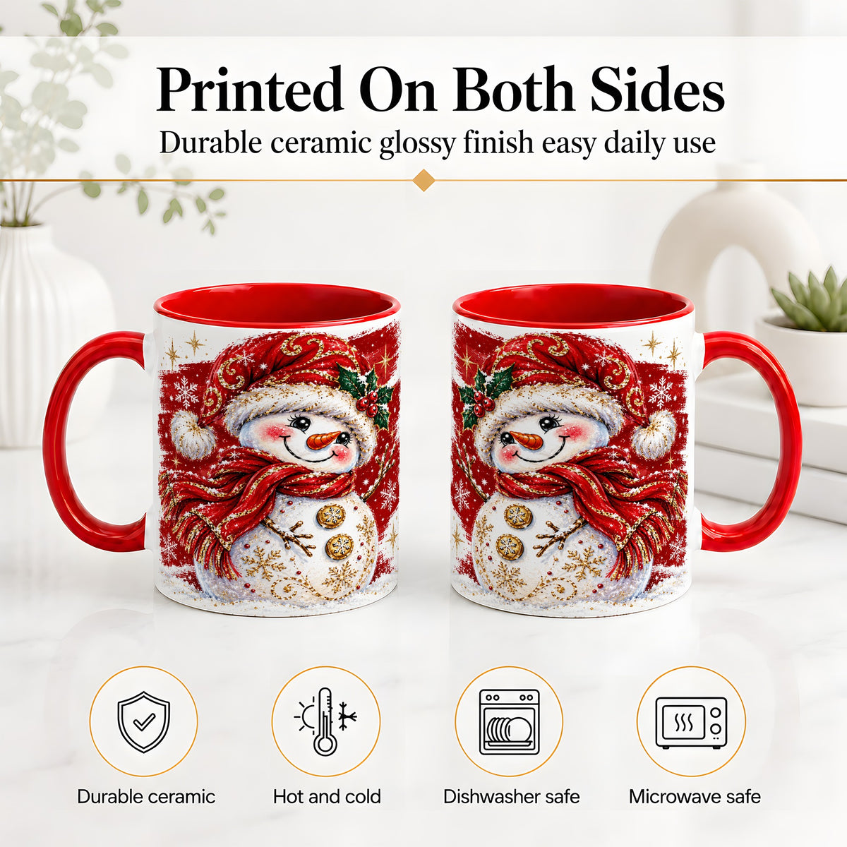 #pl[11oz|Red] Red Christmas Snowman Ceramic Mug, Mug with Festive Artwork