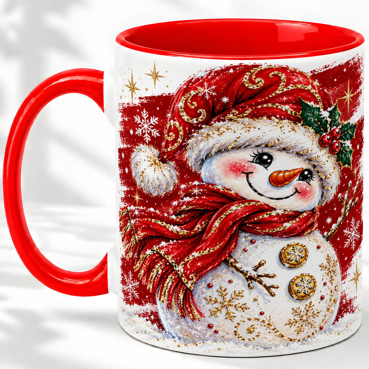 Red Christmas Snowman Ceramic Mug, Mug with Festive Artwork