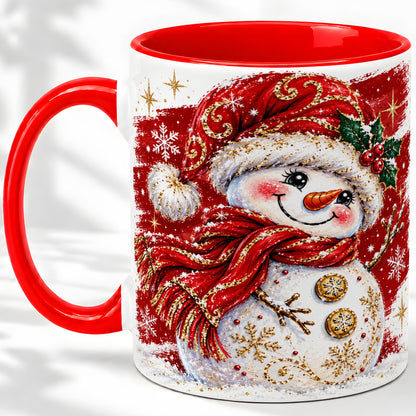 Red Christmas Snowman Ceramic Mug, Mug with Festive Artwork