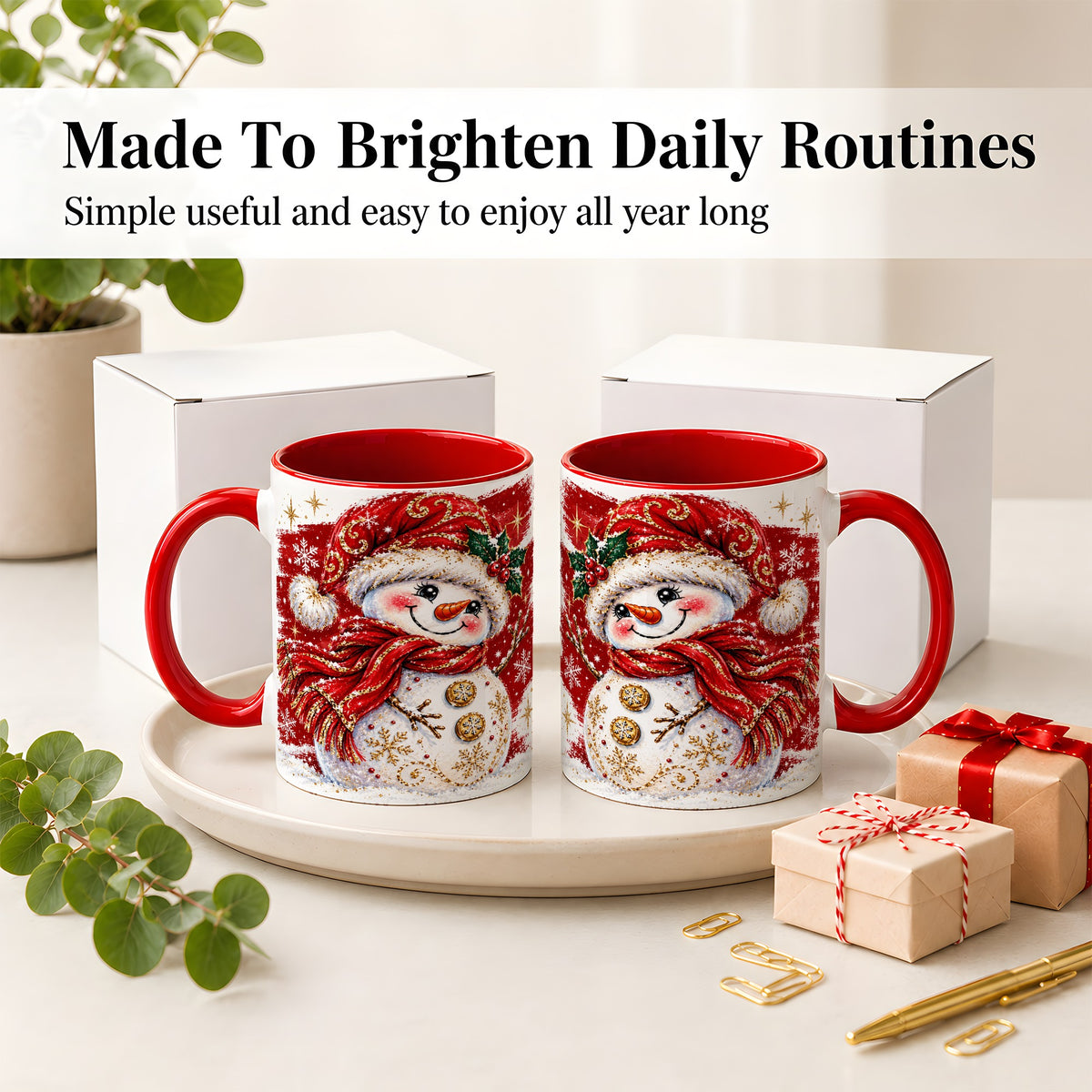 #pl[11oz|Red] Red Christmas Snowman Ceramic Mug, Mug with Festive Artwork