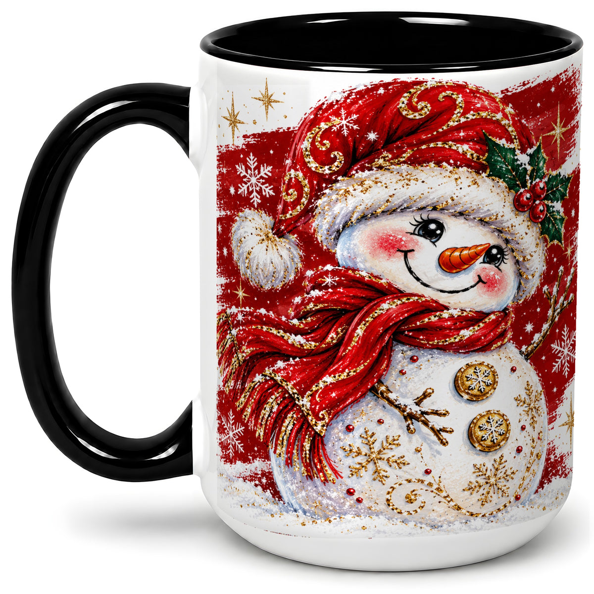 #pl[15oz|Black] Red Christmas Snowman Ceramic Mug, Mug with Festive Artwork