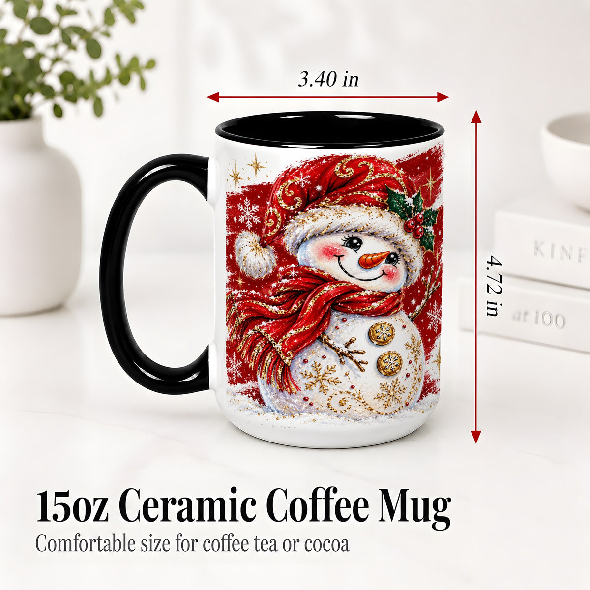 #pl[15oz|Black] Red Christmas Snowman Ceramic Mug, Mug with Festive Artwork