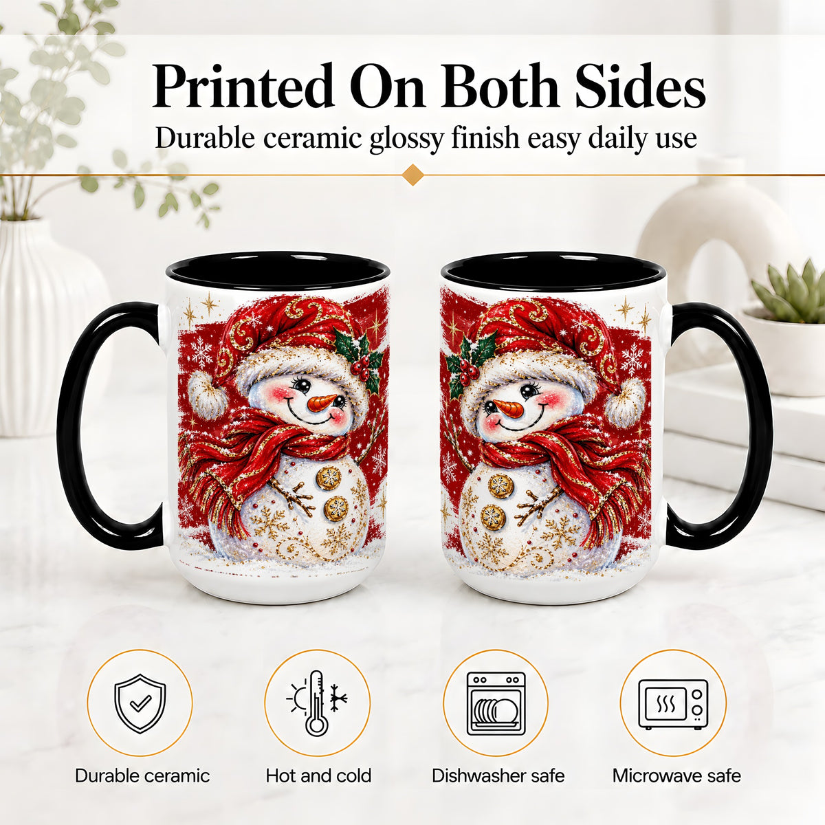 #pl[15oz|Black] Red Christmas Snowman Ceramic Mug, Mug with Festive Artwork