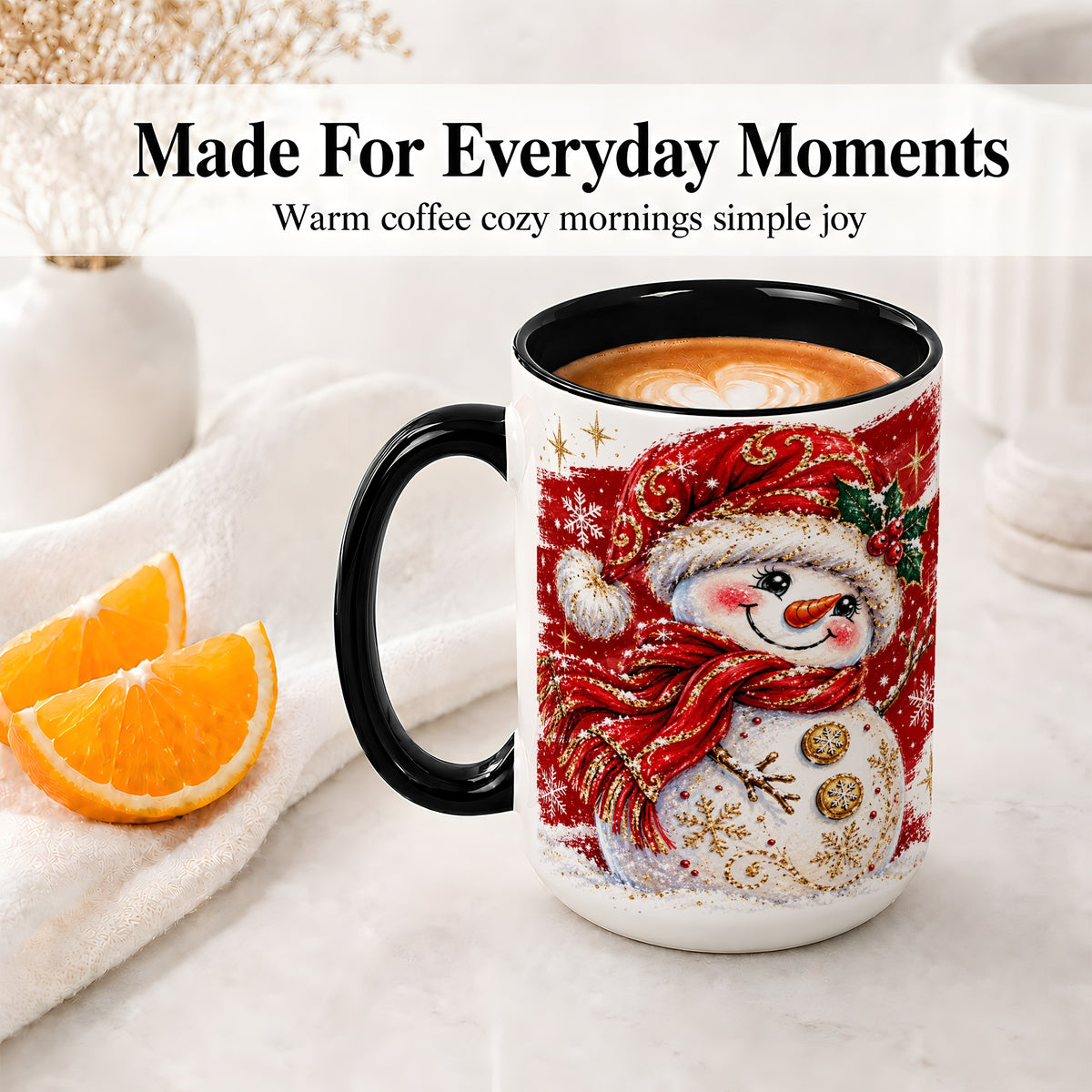 #pl[15oz|Black] Red Christmas Snowman Ceramic Mug, Mug with Festive Artwork