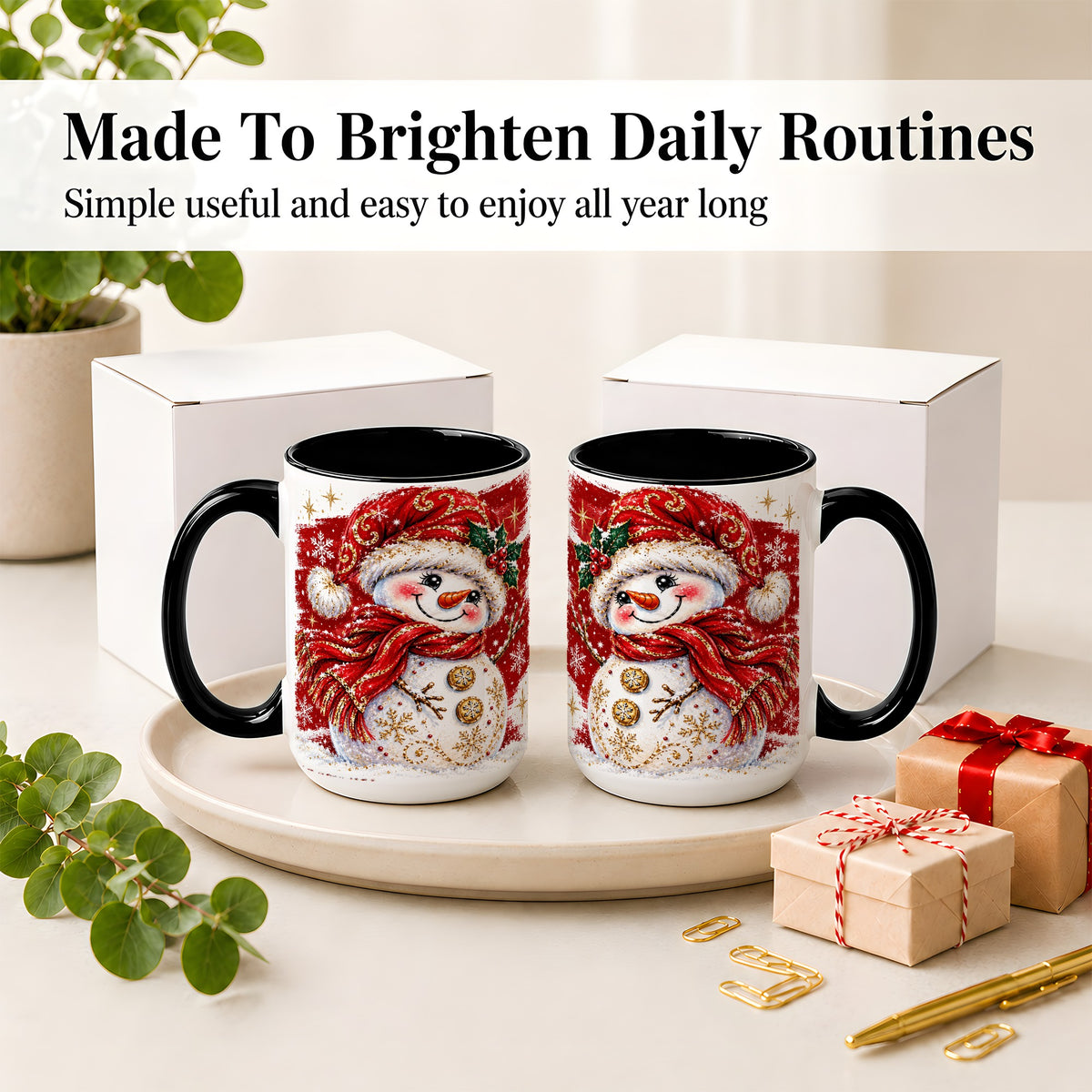 #pl[15oz|Black] Red Christmas Snowman Ceramic Mug, Mug with Festive Artwork