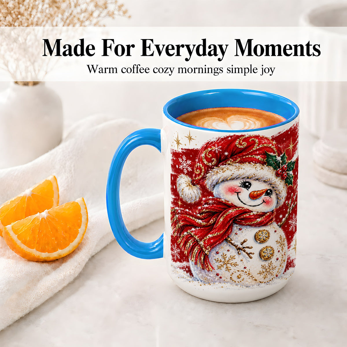 #pl[15oz|Blue] Red Christmas Snowman Ceramic Mug, Mug with Festive Artwork