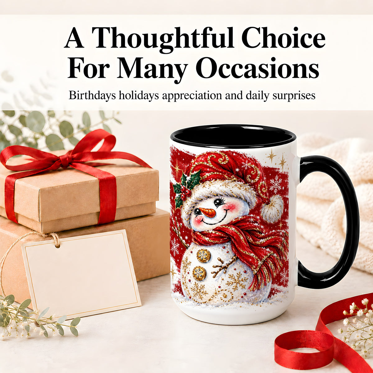 #pl[15oz|Black] Red Christmas Snowman Ceramic Mug, Mug with Festive Artwork