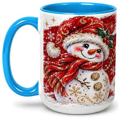 #pl[15oz|Blue] Red Christmas Snowman Ceramic Mug, Mug with Festive Artwork