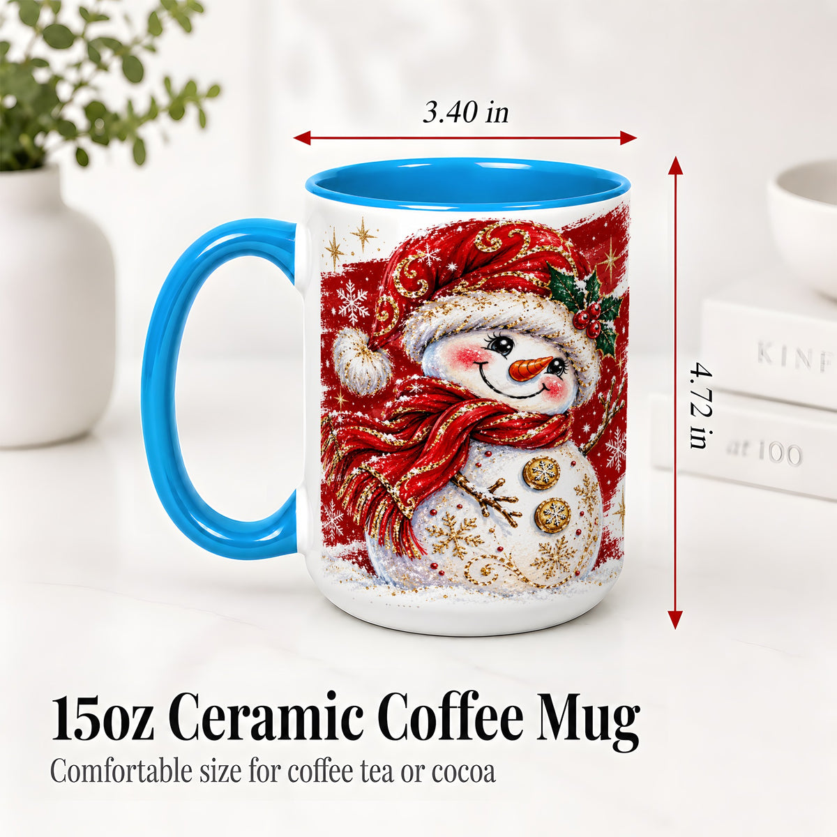 #pl[15oz|Blue] Red Christmas Snowman Ceramic Mug, Mug with Festive Artwork