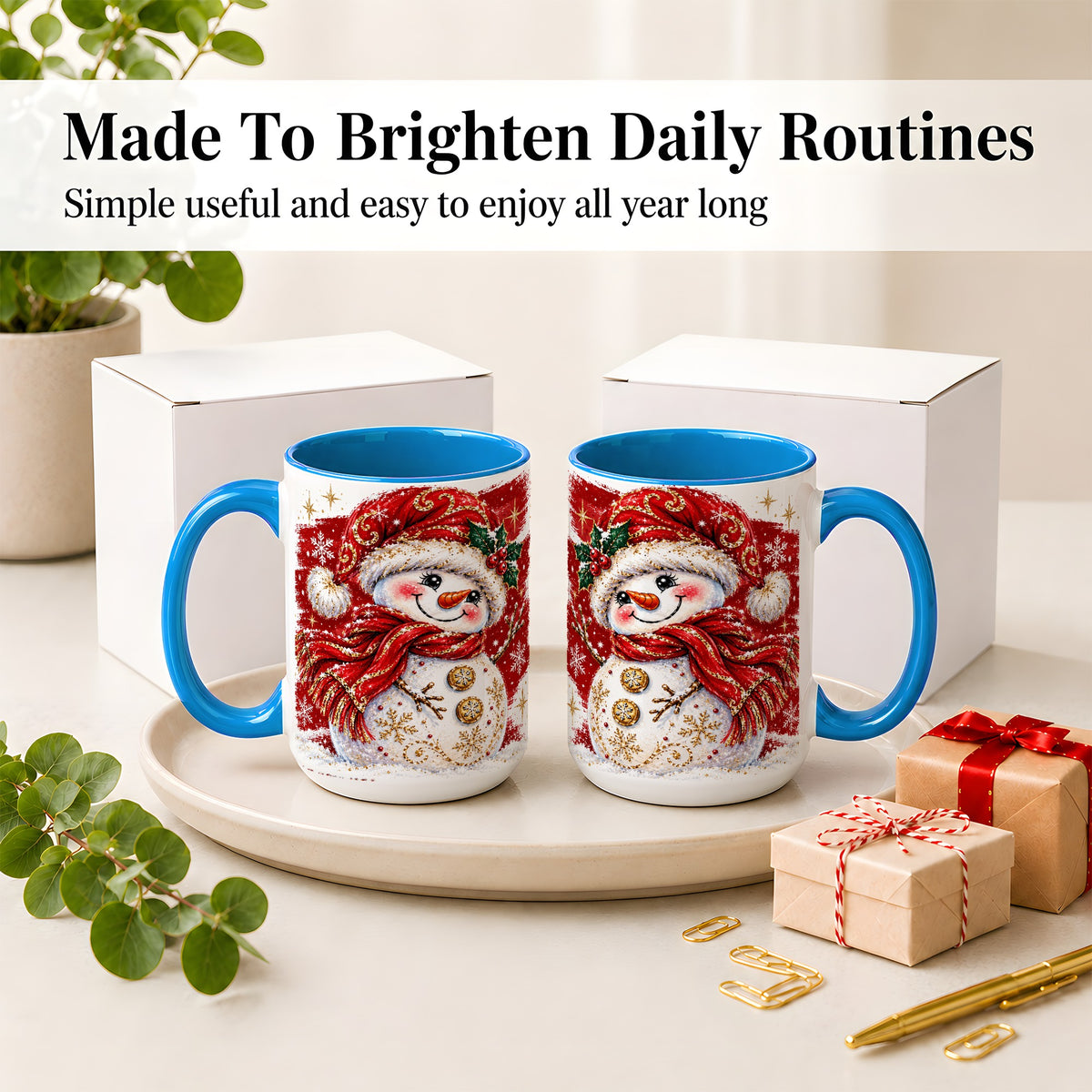 #pl[15oz|Blue] Red Christmas Snowman Ceramic Mug, Mug with Festive Artwork