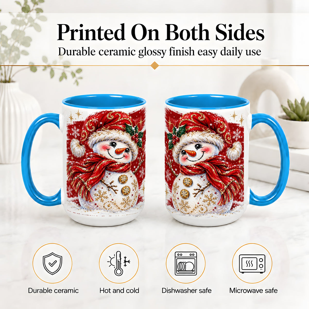 #pl[15oz|Blue] Red Christmas Snowman Ceramic Mug, Mug with Festive Artwork