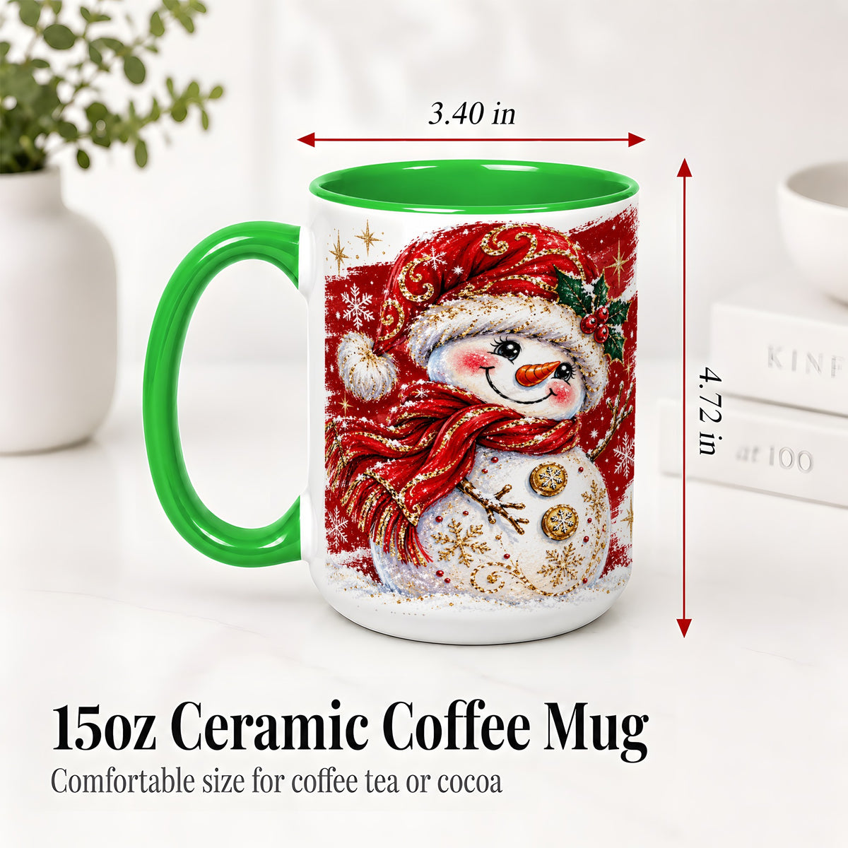#pl[15oz|Green] Red Christmas Snowman Ceramic Mug, Mug with Festive Artwork