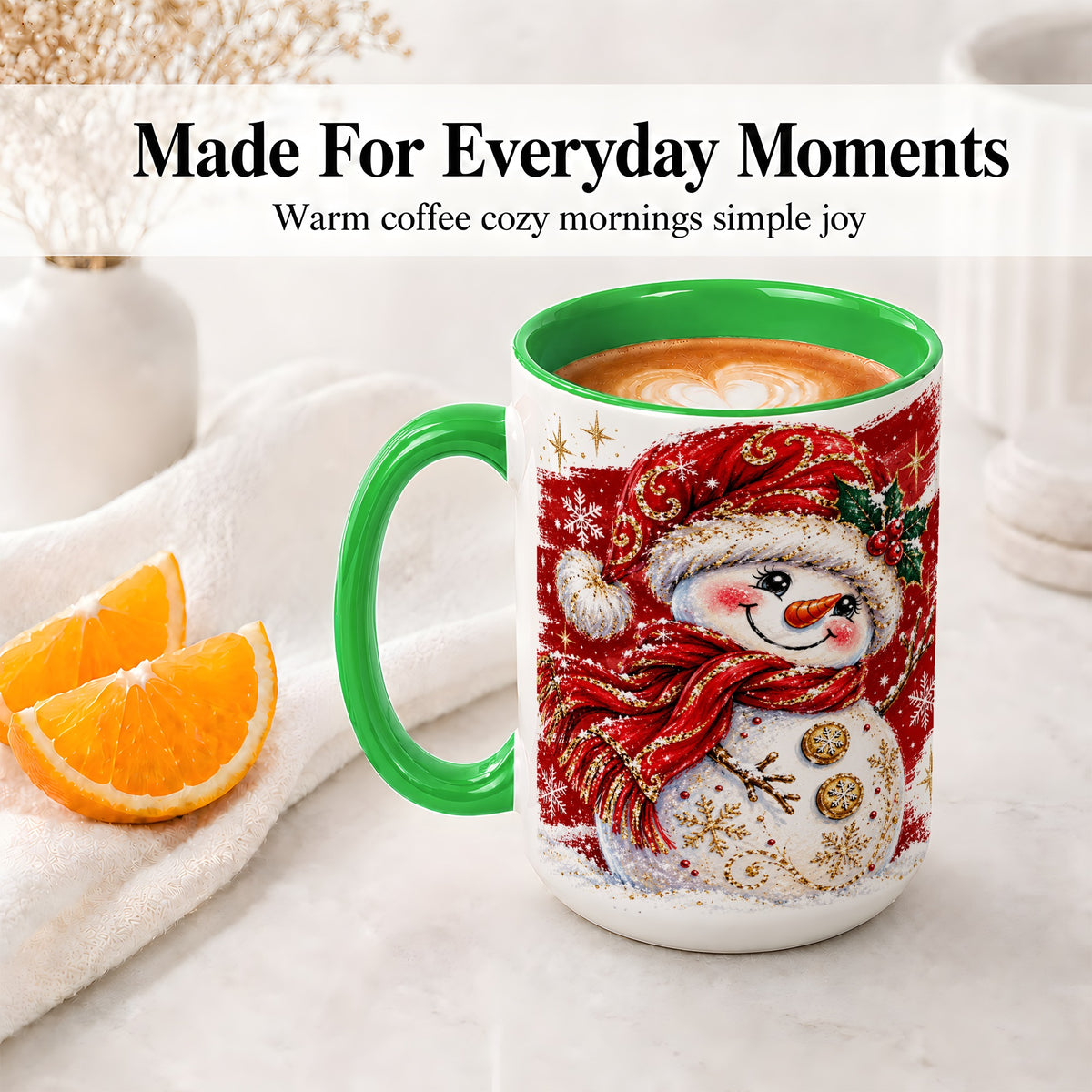 #pl[15oz|Green] Red Christmas Snowman Ceramic Mug, Mug with Festive Artwork