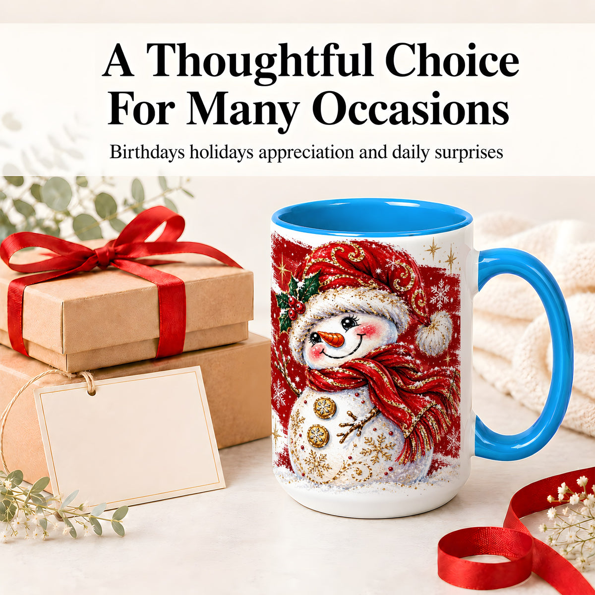 #pl[15oz|Blue] Red Christmas Snowman Ceramic Mug, Mug with Festive Artwork
