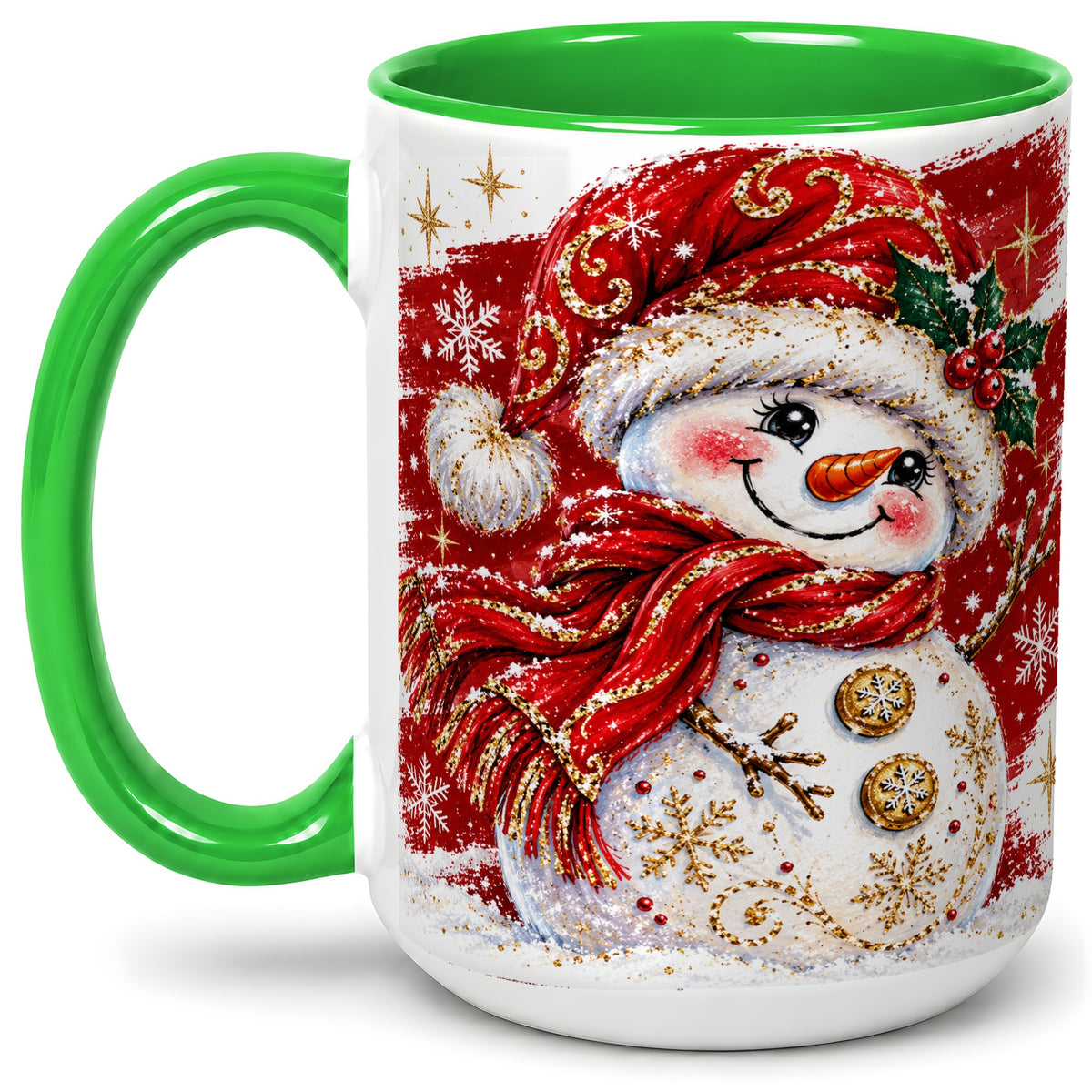 #pl[15oz|Green] Red Christmas Snowman Ceramic Mug, Mug with Festive Artwork
