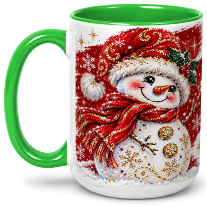 #pl[15oz|Green] Red Christmas Snowman Ceramic Mug, Mug with Festive Artwork