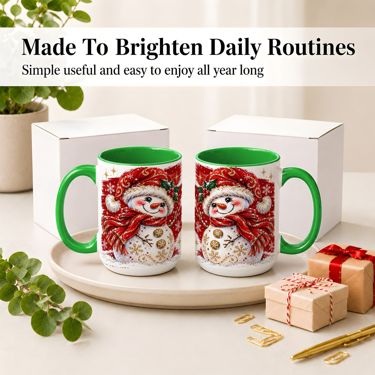 #pl[15oz|Green] Red Christmas Snowman Ceramic Mug, Mug with Festive Artwork