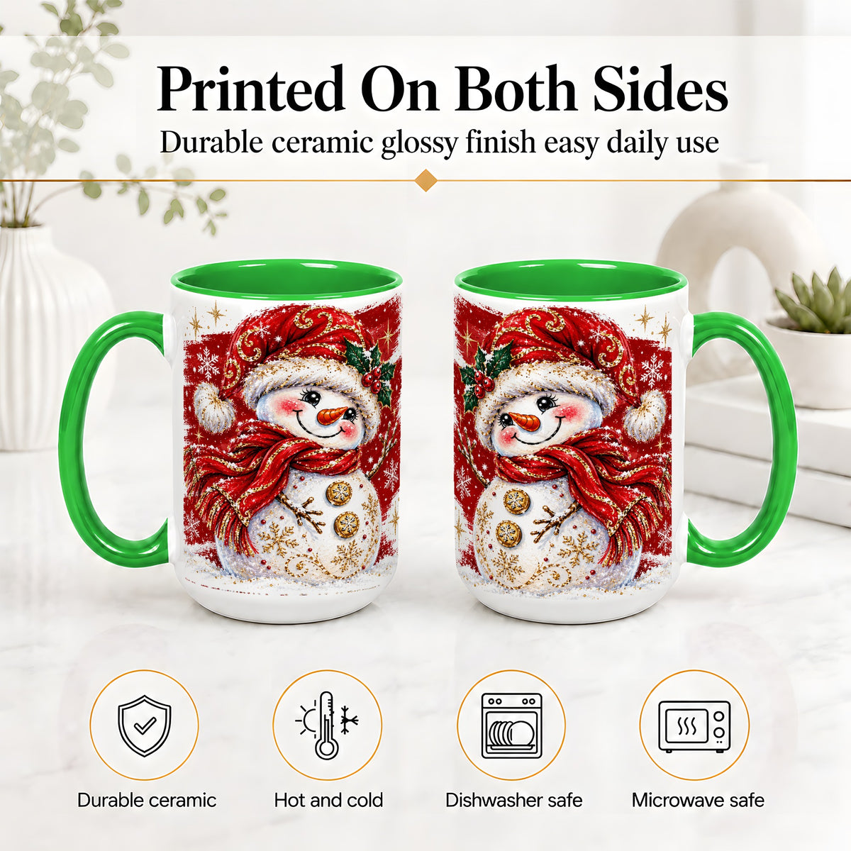 #pl[15oz|Green] Red Christmas Snowman Ceramic Mug, Mug with Festive Artwork