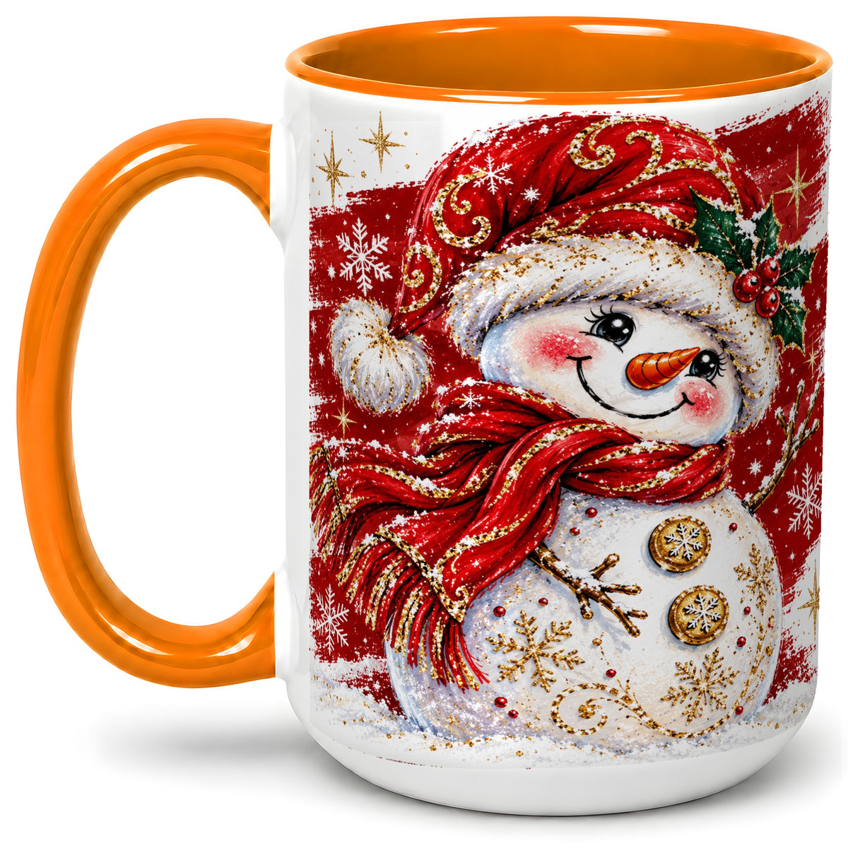 #pl[15oz|Orange] Red Christmas Snowman Ceramic Mug, Mug with Festive Artwork