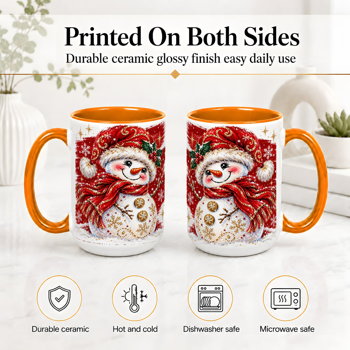 #pl[15oz|Orange] Red Christmas Snowman Ceramic Mug, Mug with Festive Artwork