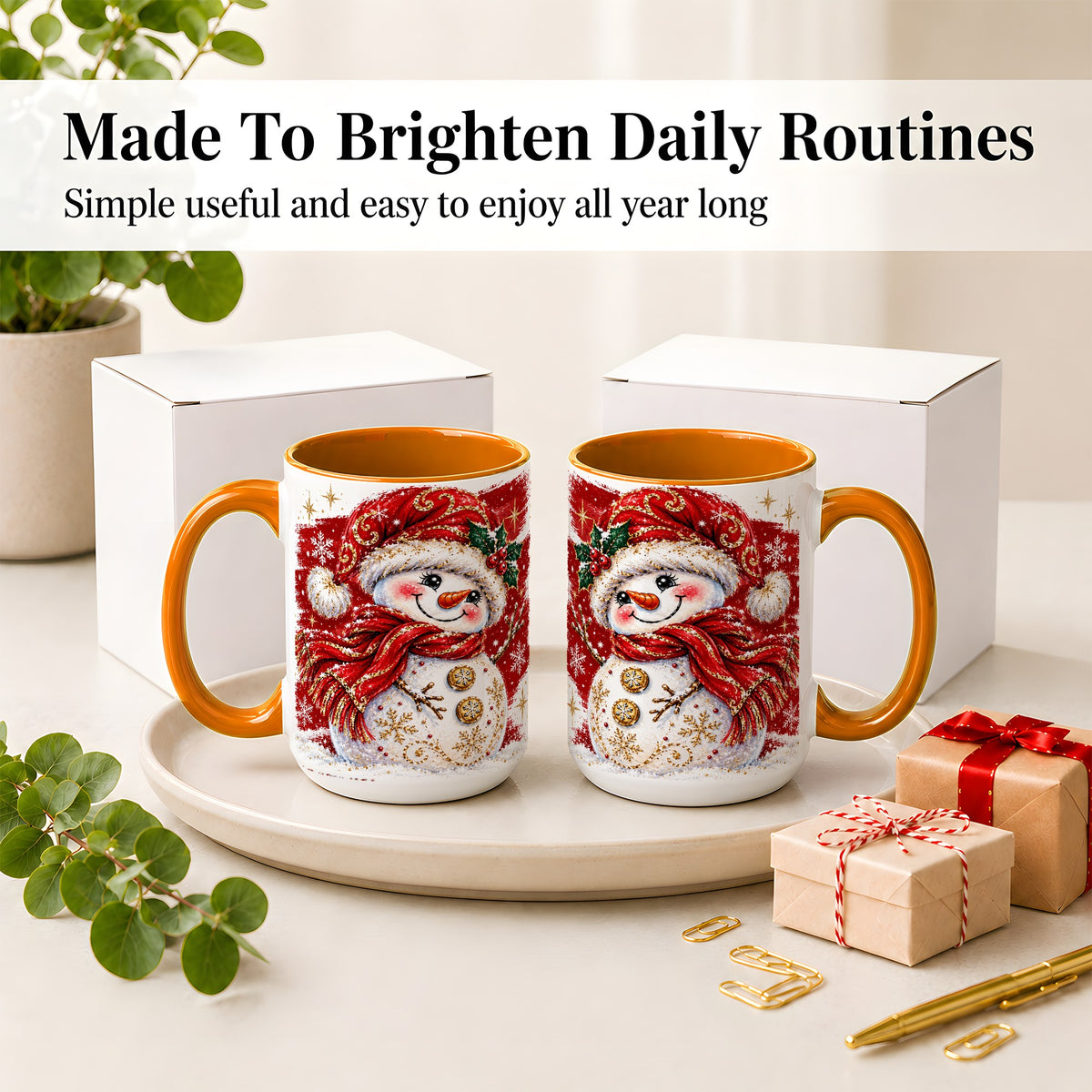 #pl[15oz|Orange] Red Christmas Snowman Ceramic Mug, Mug with Festive Artwork