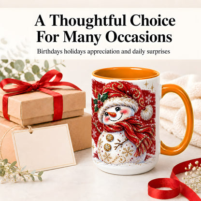 #pl[15oz|Orange] Red Christmas Snowman Ceramic Mug, Mug with Festive Artwork